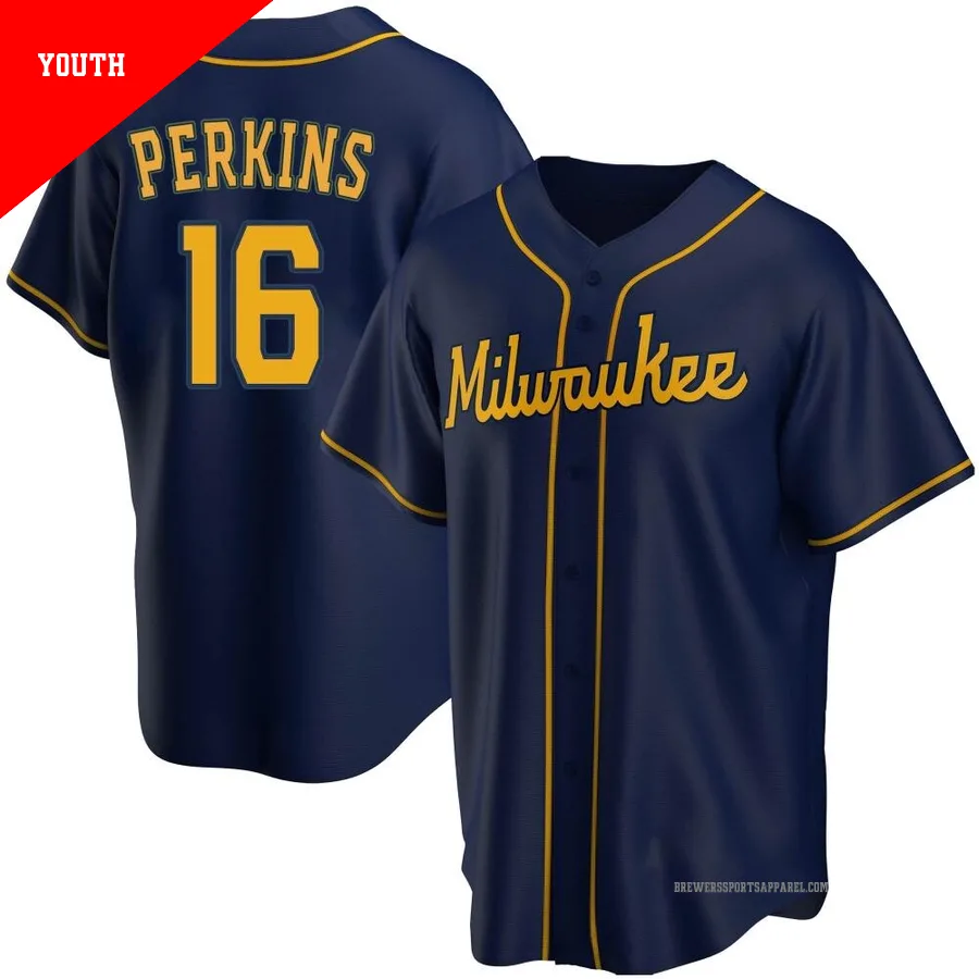 Milwaukee Brewers ＃16 Blake Perkins Youth Navy Replica Alternate Jersey