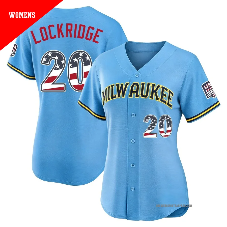 Milwaukee Brewers ＃20 Brandon Lockridge Women's Light Blue Limited USA 250 Fourth Of July Road Stadium Jersey