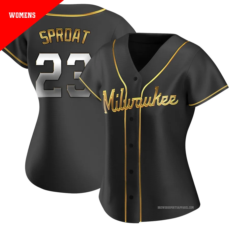 Milwaukee Brewers ＃23 Brandon Sproat Women's Gold Replica Black en Alternate Jersey