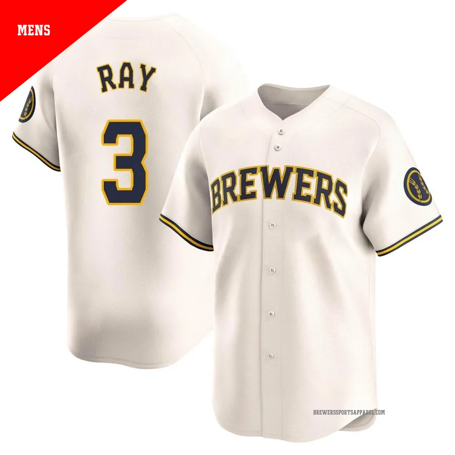Milwaukee Brewers ＃3 Corey Ray Men's Cream Limited Home Jersey