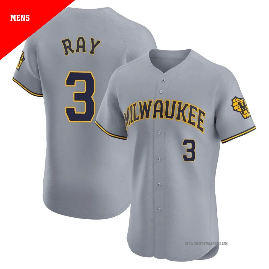 Milwaukee Brewers ＃3 Corey Ray Men's Gray Elite Road Jersey
