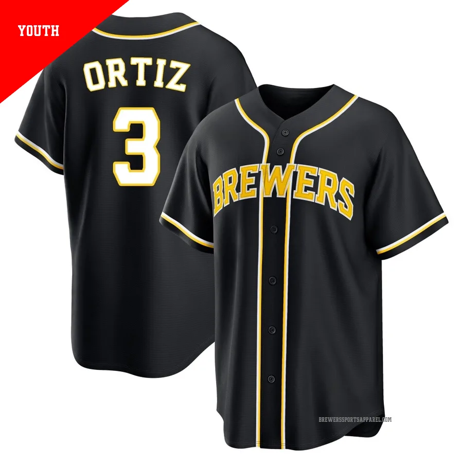 Milwaukee Brewers ＃3 Joey Ortiz Youth Black Replica Fashion Out Jersey