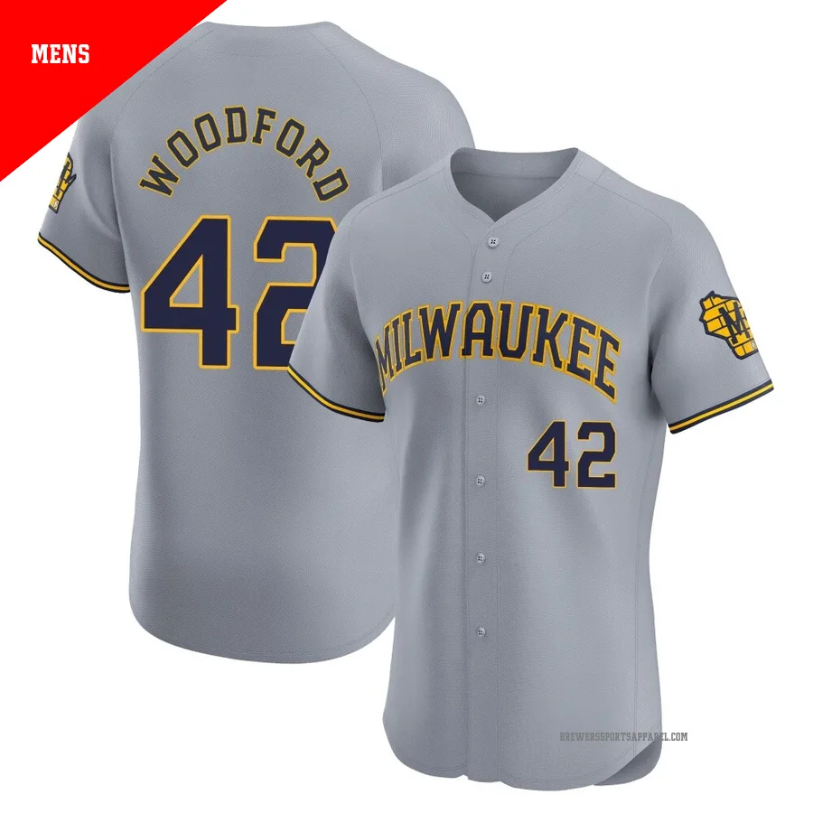 Milwaukee Brewers ＃42 Jake Woodford Men's Gray Elite Road Jersey
