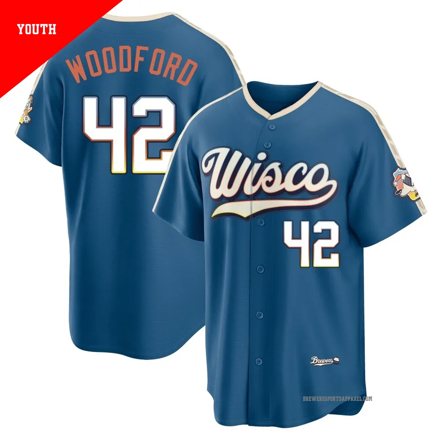 Milwaukee Brewers ＃42 Jake Woodford Youth Blue Limited Mineral 2026 City Connect Stadium Jersey