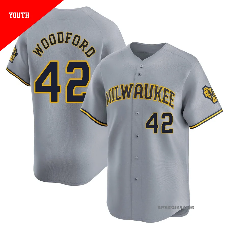 Milwaukee Brewers ＃42 Jake Woodford Youth Gray Limited Away Jersey