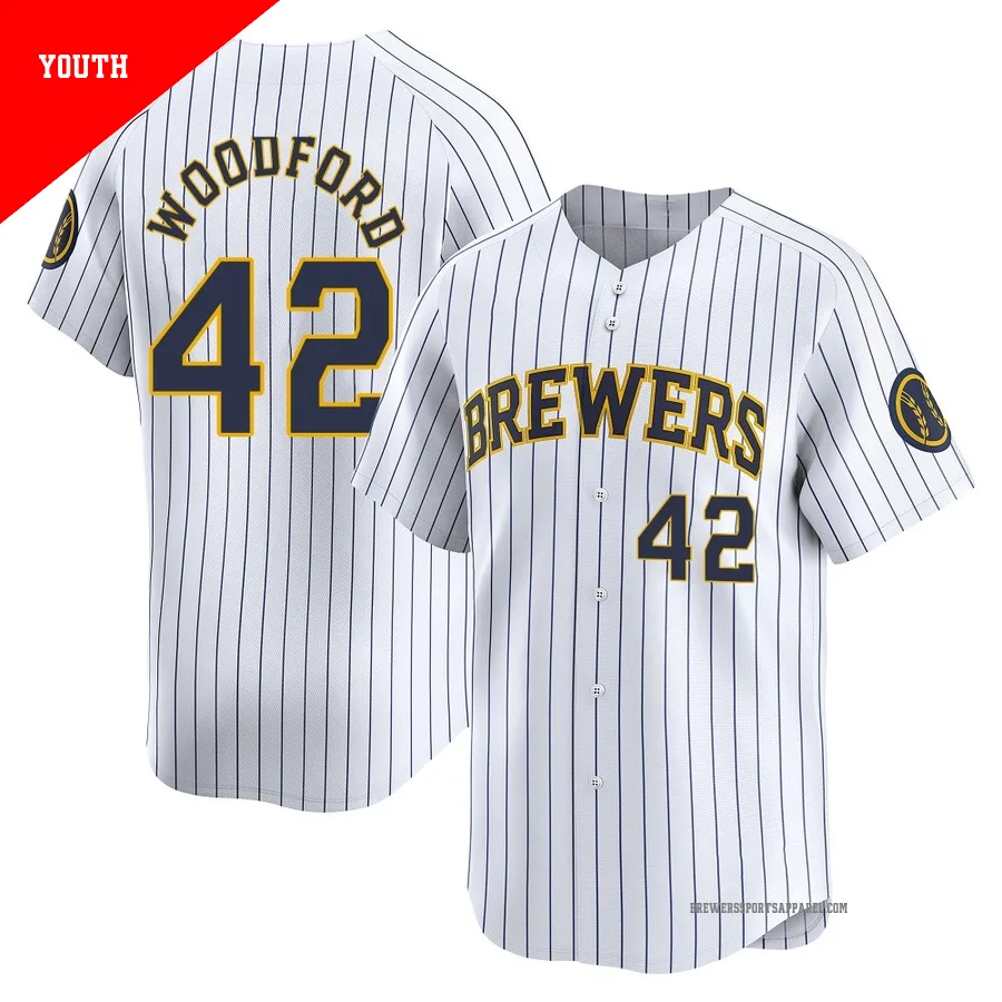 Milwaukee Brewers ＃42 Jake Woodford Youth White Limited Alternate Jersey