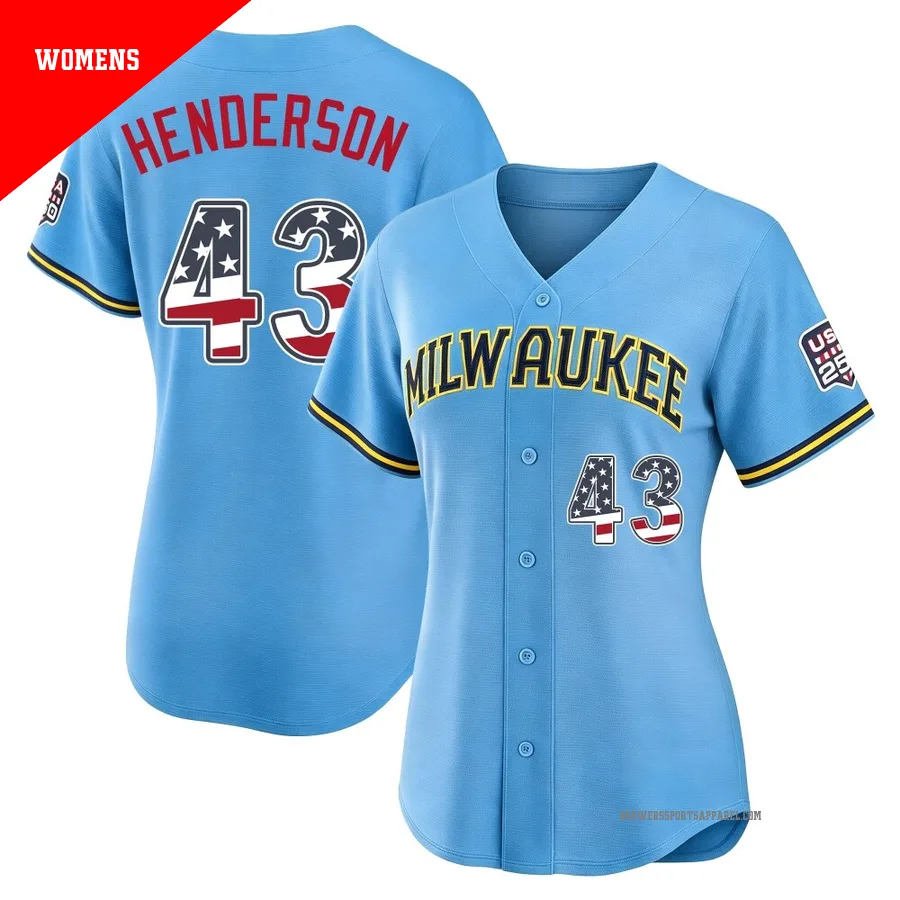 Milwaukee Brewers ＃43 Logan Henderson Women's Light Blue Limited USA 250 Fourth Of July Road Stadium Jersey