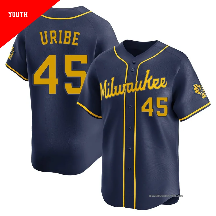 Milwaukee Brewers ＃45 Abner Uribe Youth Navy Limited Alternate Jersey