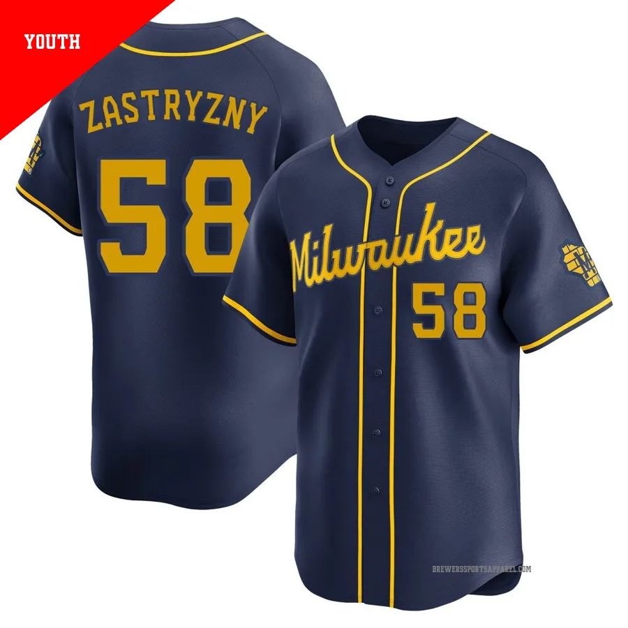 Milwaukee Brewers ＃58 Rob Zastryzny Youth Navy Limited Alternate Jersey