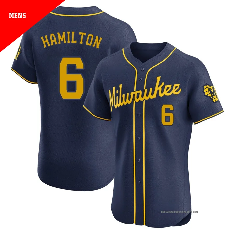 Milwaukee Brewers ＃6 David Hamilton Men's Navy Elite Alternate Jersey