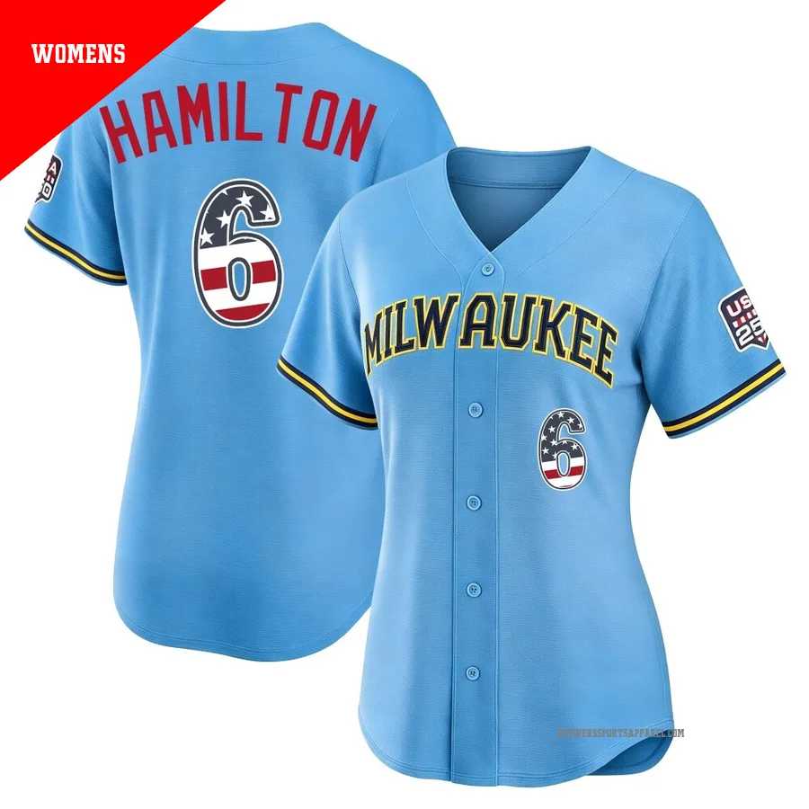Milwaukee Brewers ＃6 David Hamilton Women's Light Blue Limited USA 250 Fourth Of July Road Stadium Jersey