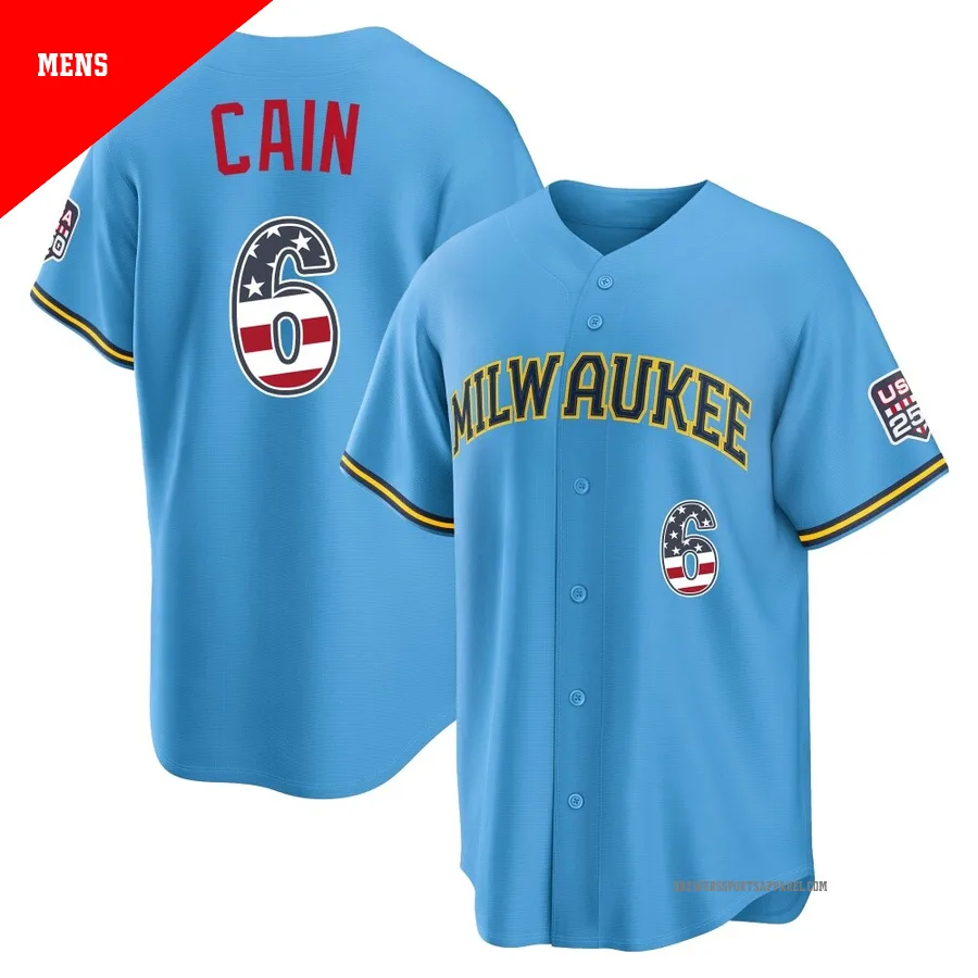 Milwaukee Brewers ＃6 Lorenzo Cain Men's Light Blue Limited USA 250 Fourth Of July Road Stadium Jersey