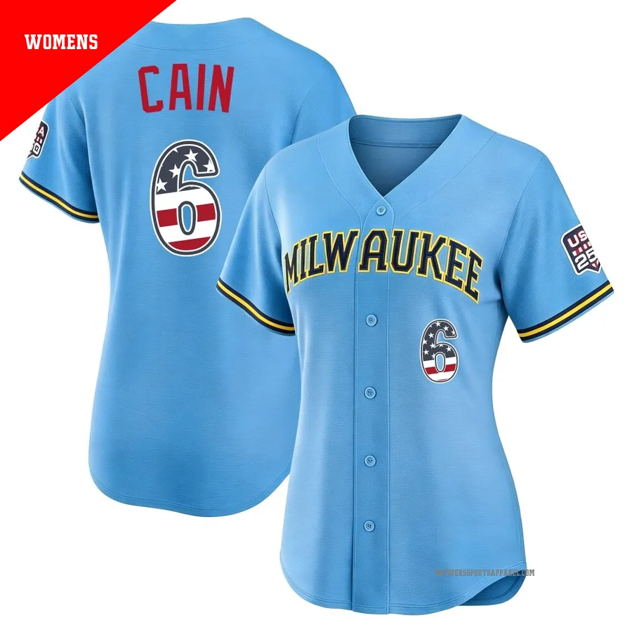 Milwaukee Brewers ＃6 Lorenzo Cain Women's Light Blue Limited USA 250 Fourth Of July Road Stadium Jersey